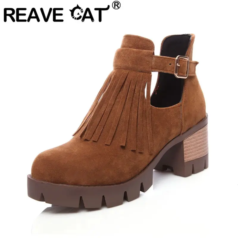 REAVE CAT Brown Women Ankle Boots Round Toe 6.5cm Block Heel 2.5cm Platform Flock Suede Buckle Strap Fringe Short Bota 41 42 43