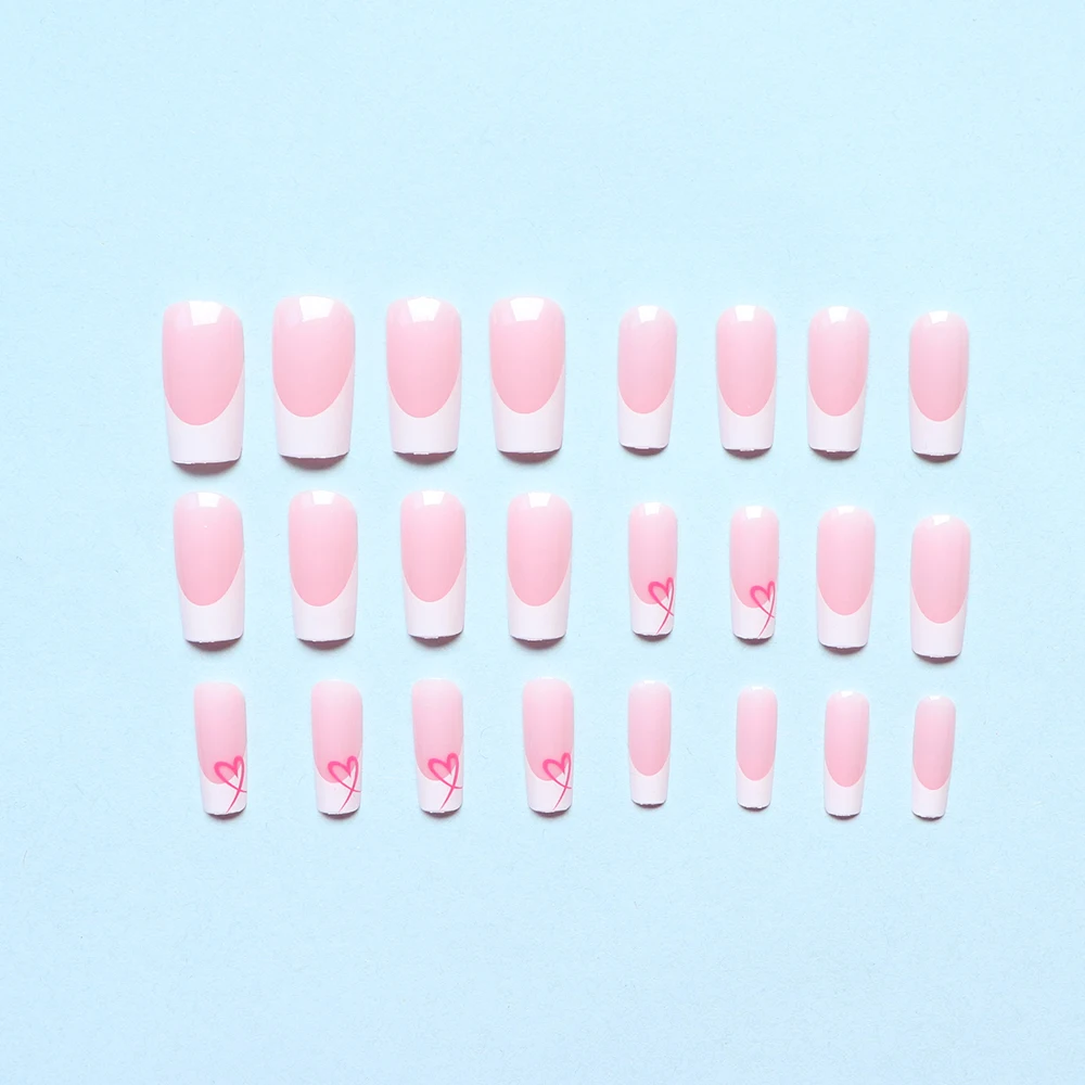 24PCS White French Edge Mid Length Square False Nails With Heart Design Fully Covered With Acrylic False Nails