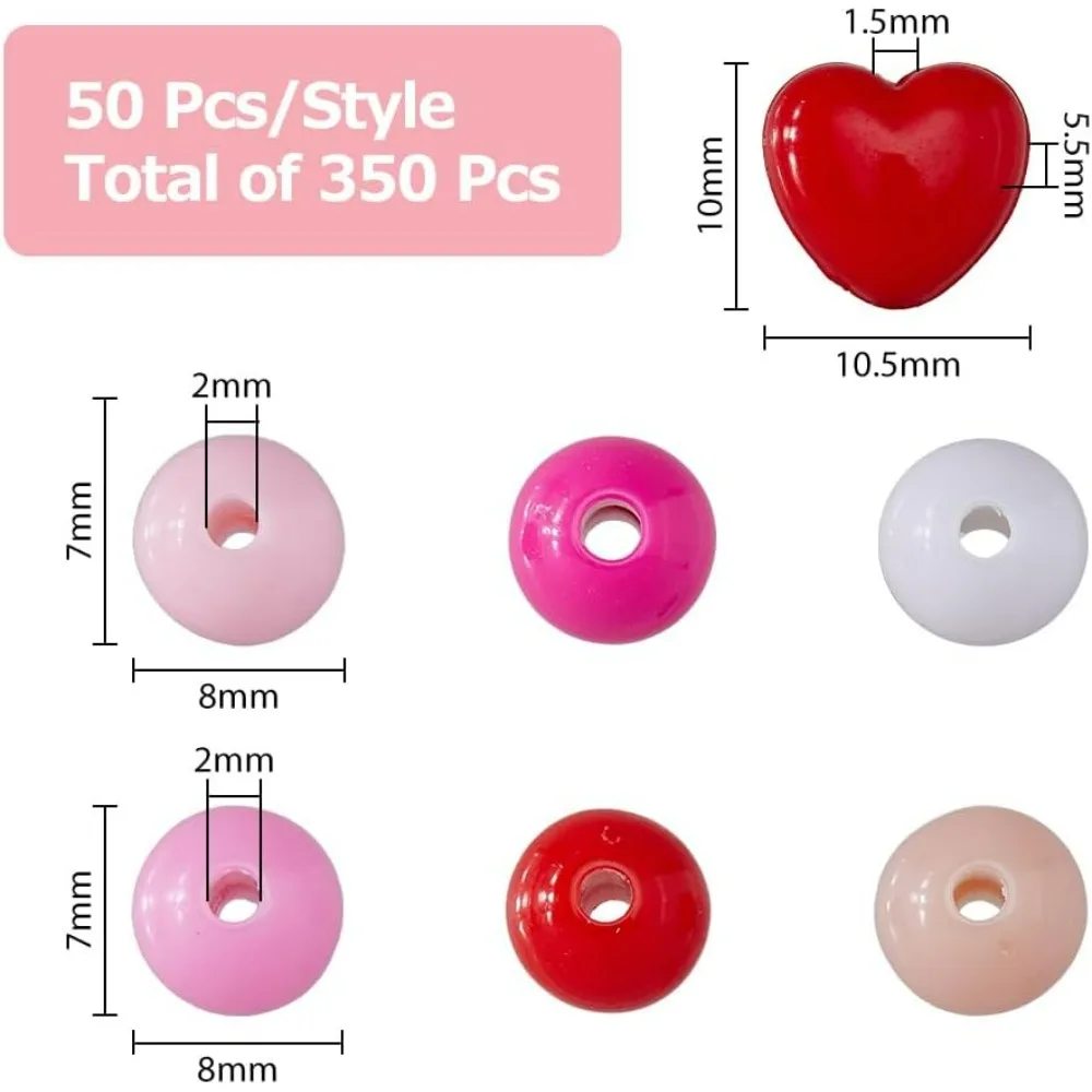 350Pcs 6 Colors 8mm Round Beads with Red Heart Beads Acrylic Red Pink White Opaque Spacer Beads Heart Shaped Mixed Color Ball