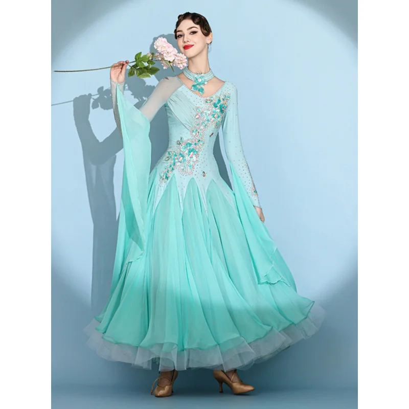 Padrão nacional dança moderna grande balanço vestido para valsa s7103 diamante cravejado desempenho traje