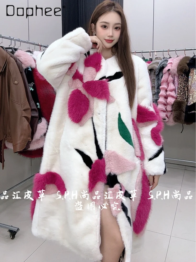 Light Luxury Floral Print Plush Faux Fur Coat Elegant Socialite Thickened Warm Mid-Length Eco-Friendly Fur Winter Coat Women