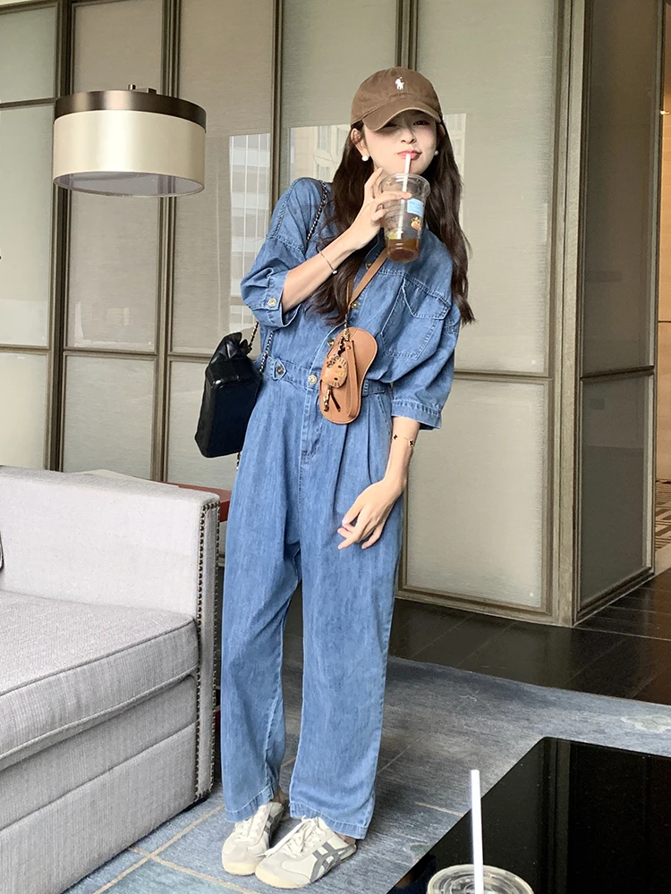 

Women's Straight Leg Overalls High Waist Long Pants Design Sense Workwear Denim Jumpsuit Korean Sle Slimming Autumn New Arr...