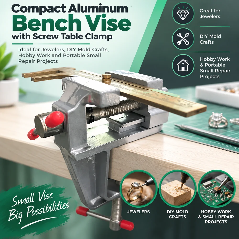 Compact Aluminum Bench Vise with Screw Table Clamp for Jewelers, DIY Mold Crafts, Hobby Work and Portable Small Repair Projects