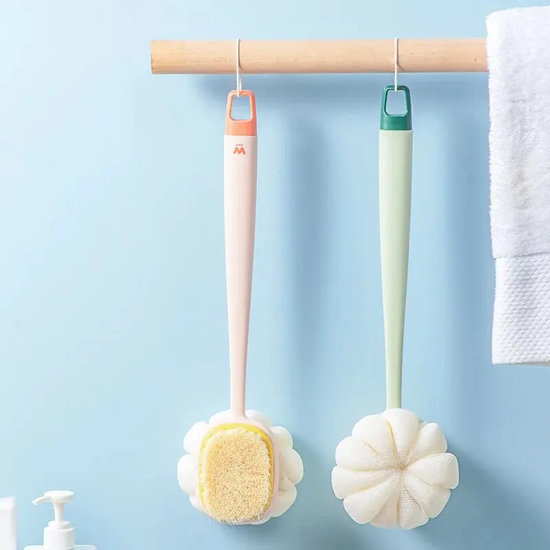 1 unidad de cepillo de espuma vegetal de mango largo para espalda, esponja de baño de malla suave, cepillo corporal exfoliante y de masaje, herramienta de limpieza de piel para ducha de mujer