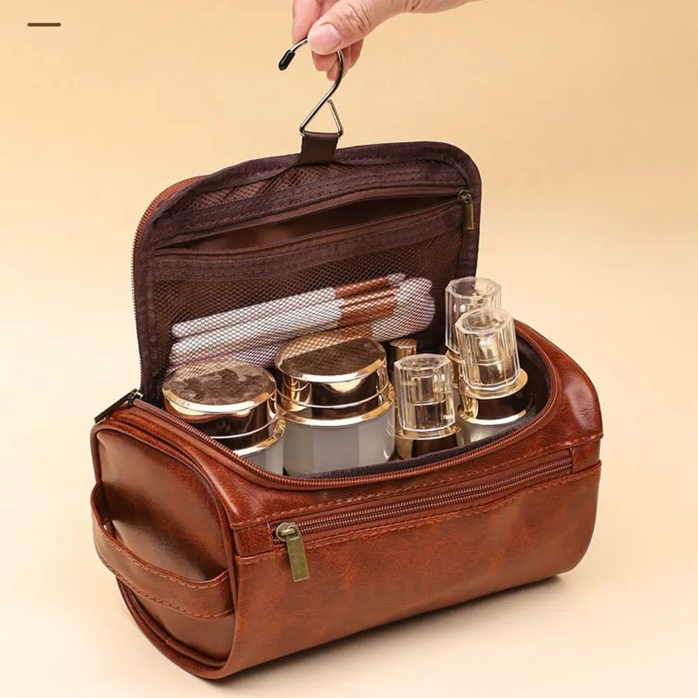 Retro PU Leather Men Toiletry Bag Waterproof With Handle Cosmetic Storage Bag Handheld Large Capacity Makeup Bag Men