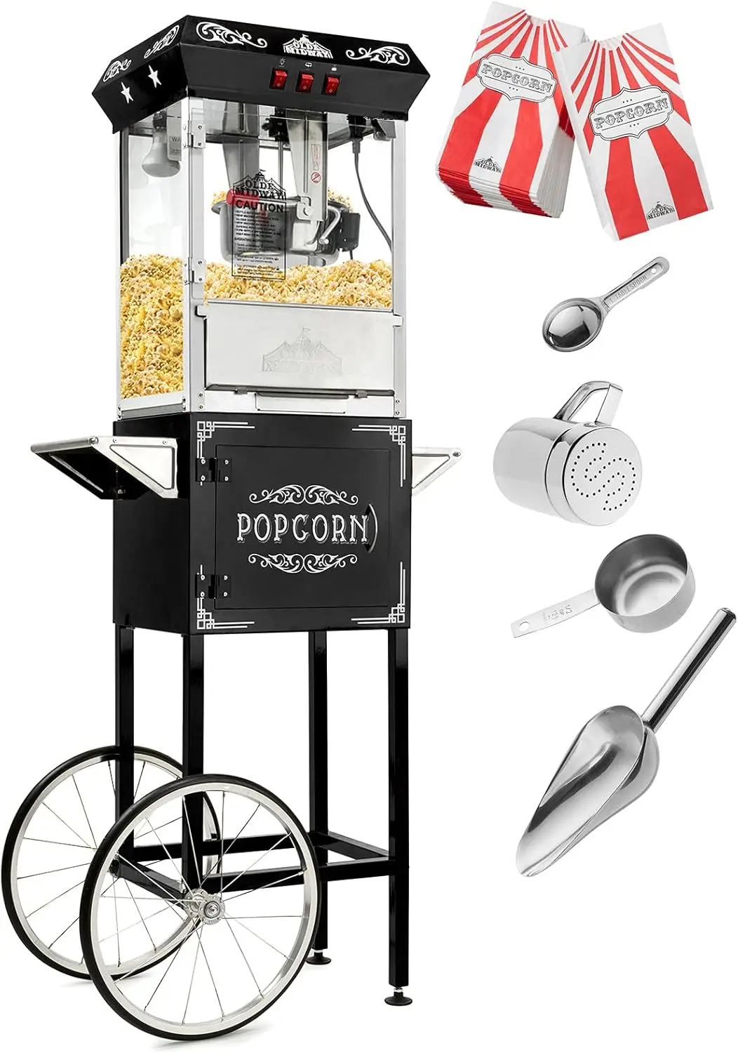 Midway Vintage Style Popcorn Machine Maker Popper with Cart and 10-Ounce Kettle - Black