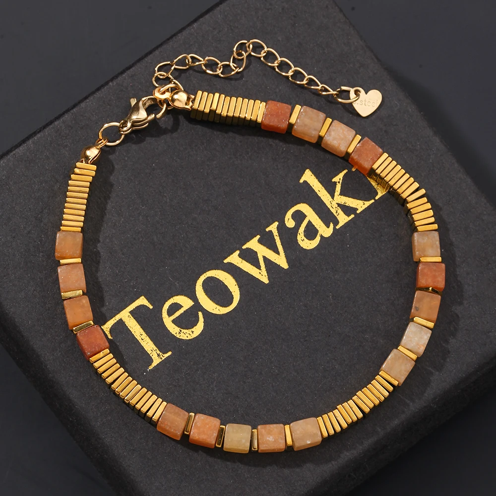 TeoWaki Natural Red Aventurine Bracelet with Golden Plated Hematite Daily Stackable For Men Women Party Birthday Gift 17+5cm