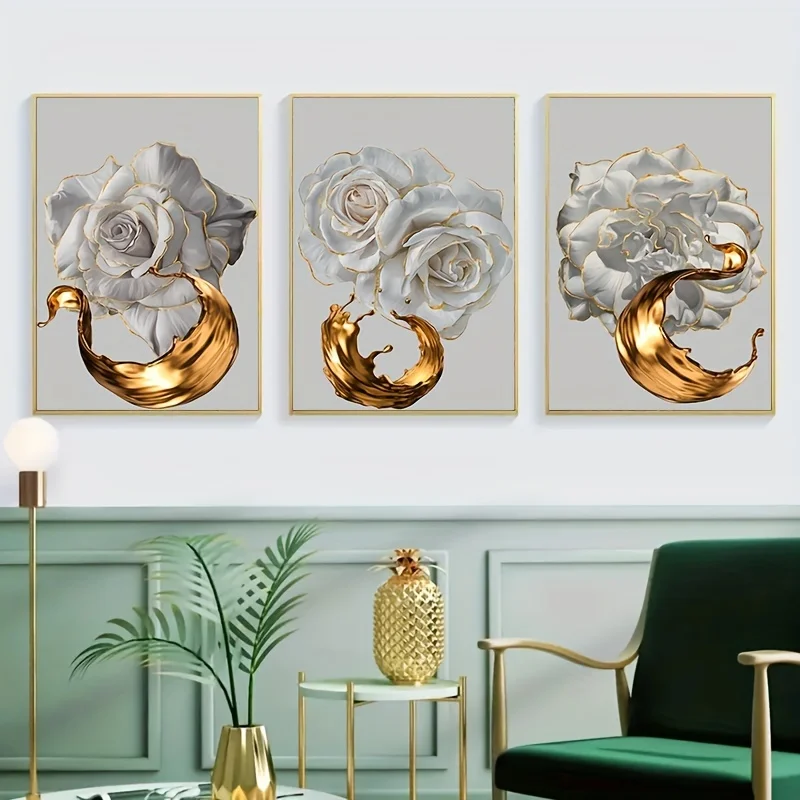 （NOframe 3PCS）-3pcs/set Frameless White Rose Golden Edge Flower Canvas Art Posters, Abstract Golden Ink Splash Art Deco Paint
