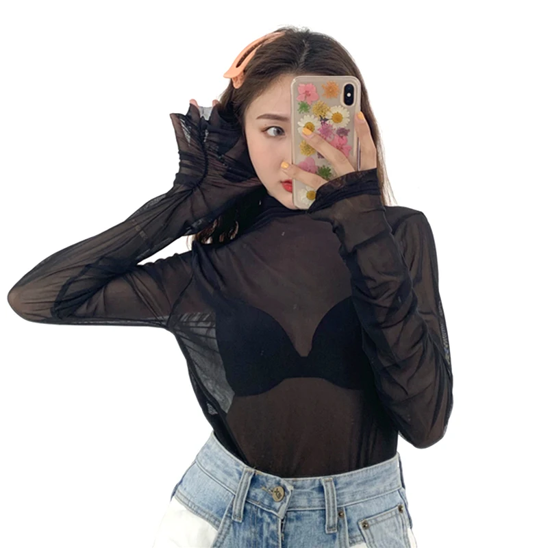 Neon Shirt for Women Long Sleeve Stand Collar Sheer Top Yellow Gold Mesh Blouse Sexy Party Club Streetwear Hip Hop Tee Tops