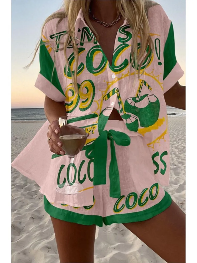 

Beach Vacation Shorts Set With Fashionable Digital Printing New Casual Short Sleeved Shirt Top+wide Leg Shorts Two-piece Set