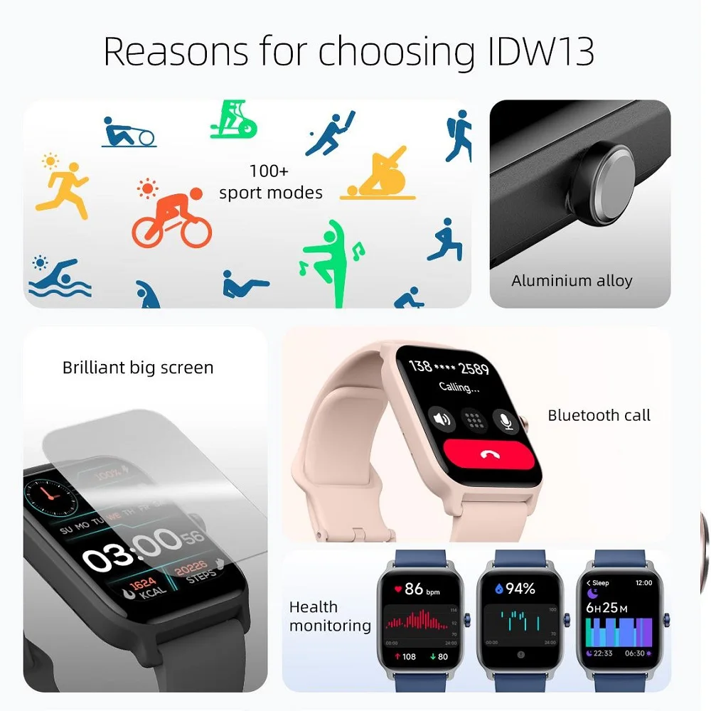 Alexa Bluetooth Smart Watches IDW13 for Mens and Women Tuya Phone Call Waterproof IP68 Digital Sports Bracelet Choice American