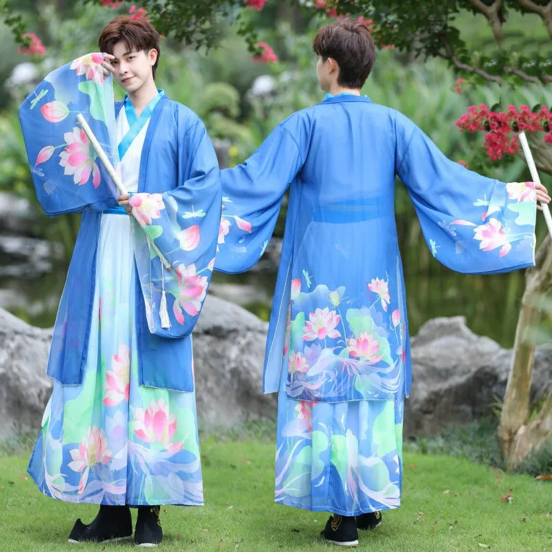 

Couples Chinese Ancient Swordsman Costume Men Vintage Hanfu Cross-collar Hanfu Long-sleeved Folk Performance Cosplay Outfit