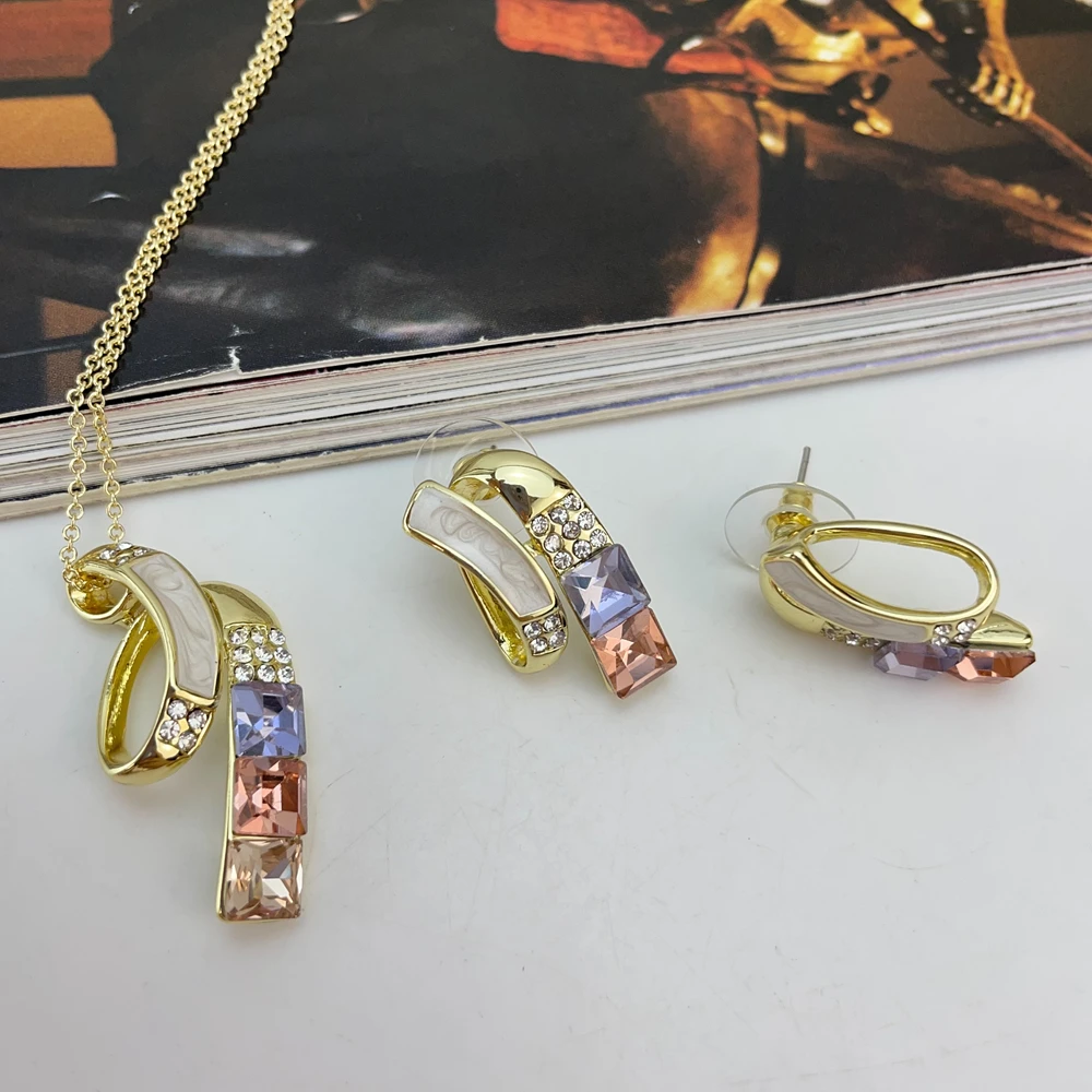 أحدث الذهبي الملونة حجر قلادة الأقراط دبي الفاخرة العصرية مجموعة مجوهرات للسيدات والنساء طقم من الحلقان KY25194 #4