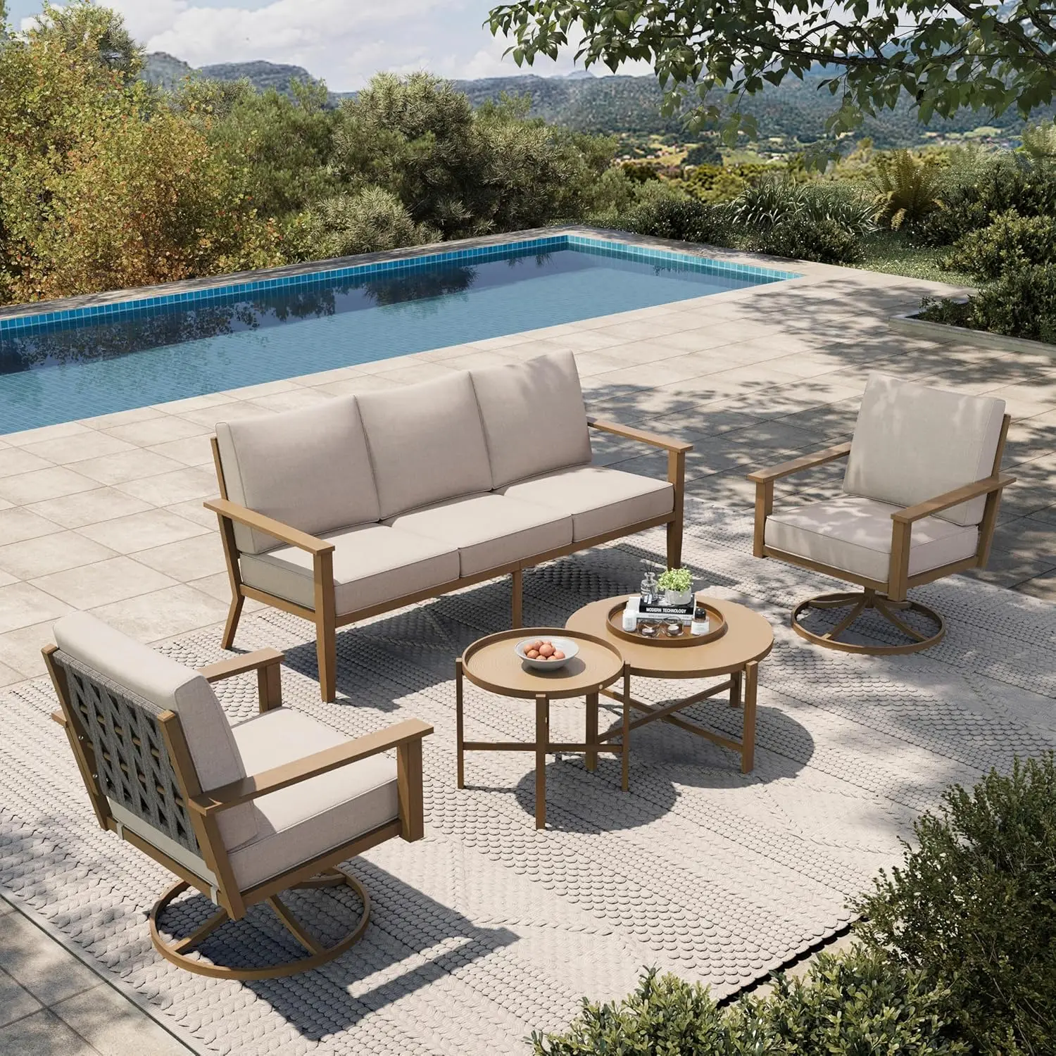 

Комплект садовой мебели из 5 предметов, металлический уличный набор для отдыха с отделкой под дерево, 2 поворотных кресла, 1 трехместный диван, на заказ