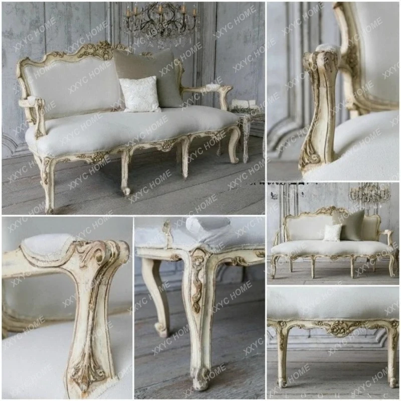 LX solid wood furniture retro carved old sofa, neoclassical living room cloth sofa
