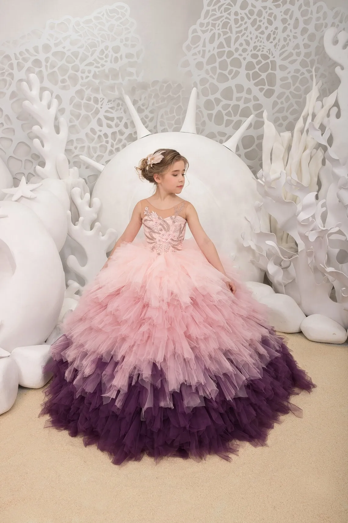 

Puffy Long Pink Flower Girl Dresses Tulle Ruffles Applique Sleeveless Wedding Princess Birthday Party First Communion