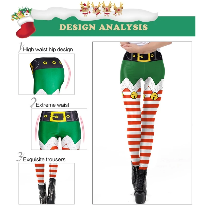 Mulheres falso elf shorts impressão leggings engraçado cinto listrado santa férias collants rise cosplay traje