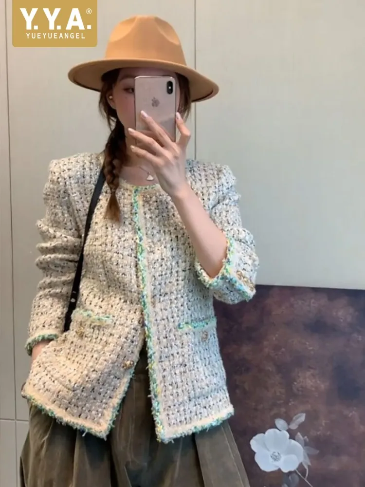 

Винтажная женская твидовая куртка с круглым вырезом и длинным рукавом, весенне-осеннее повседневное короткое пальто, офисная женская однобортная модная верхняя одежда