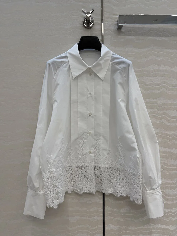 

Runway Designer Spring Summer Lace Embroidery White Cotton Shirt Tops Women's High Quality
