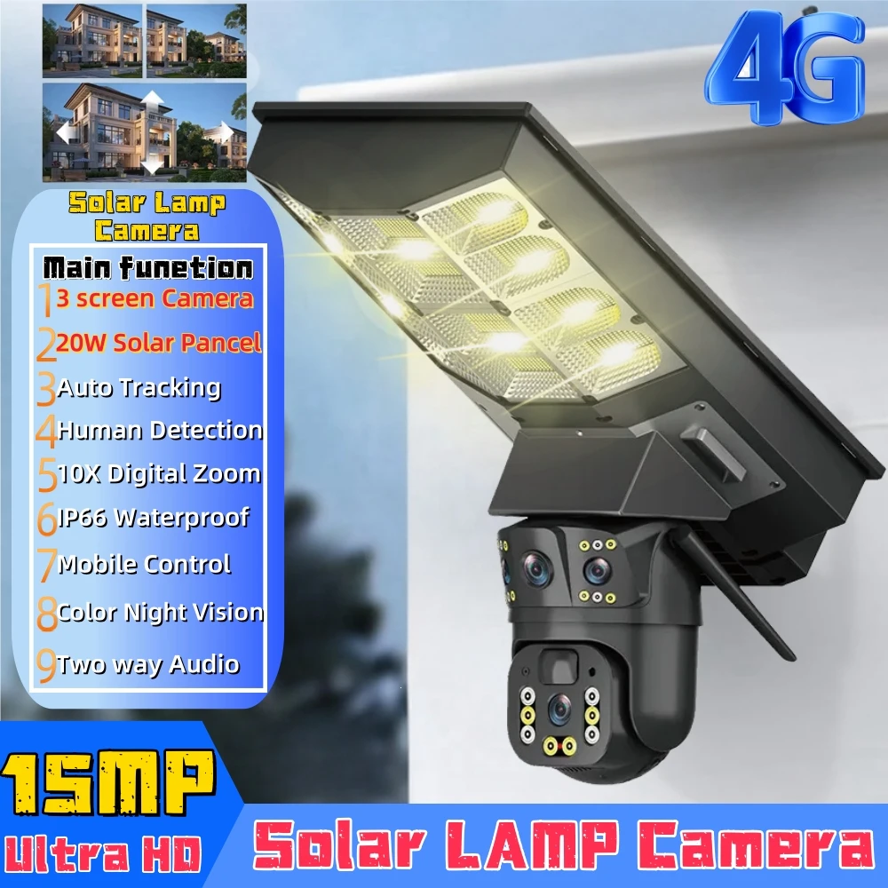 V380pro Quality product Solar Street Lamp Integrated 4G Surveillance Camera 15MP 8K Three Screen Security Protection CCTV Camera