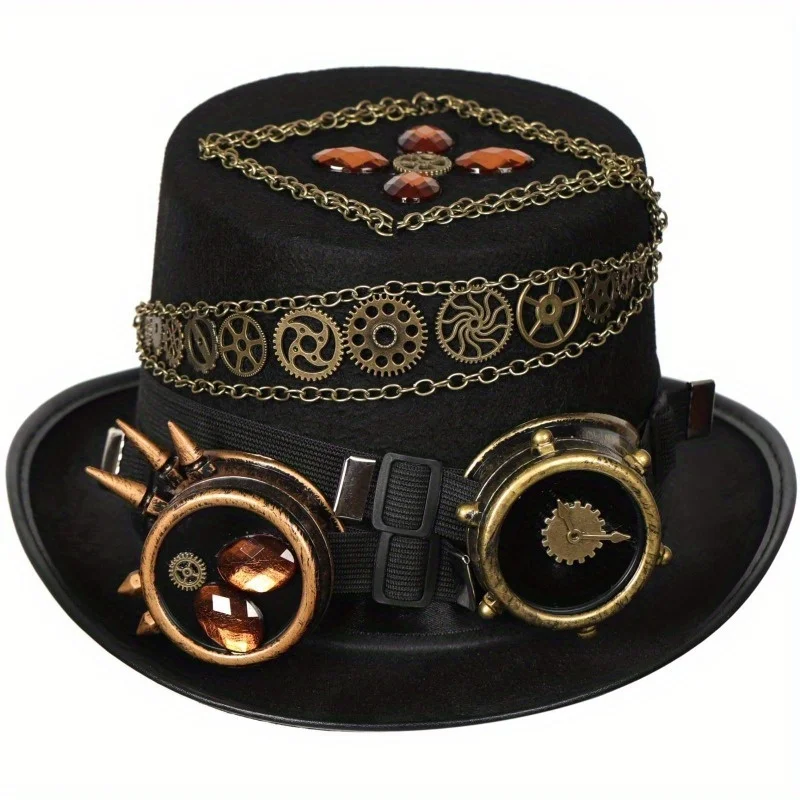 

Цилиндр в стиле стимпанк, смелая цепочка, винтажная шляпа для тяжелой промышленности, головной убор, мужская шляпа для выступления на сцене, реквизит для фотосъемки на открытом воздухе