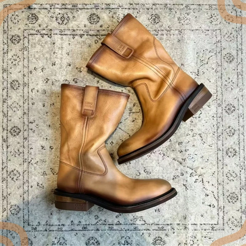 Retro Women's Boots Classic Round Toe Cowboy Boots for Woman Exquisite Platform Mid Calf Boots Designer Shoes Botas De Mujer