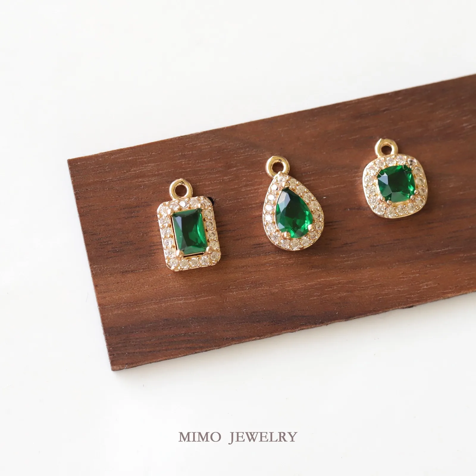Rectangular Water Droplet Retro Emerald Micro Inlaid Zircon Edge Charms Pendant Supplies DIY Hand Brass Gold Plated Accessories