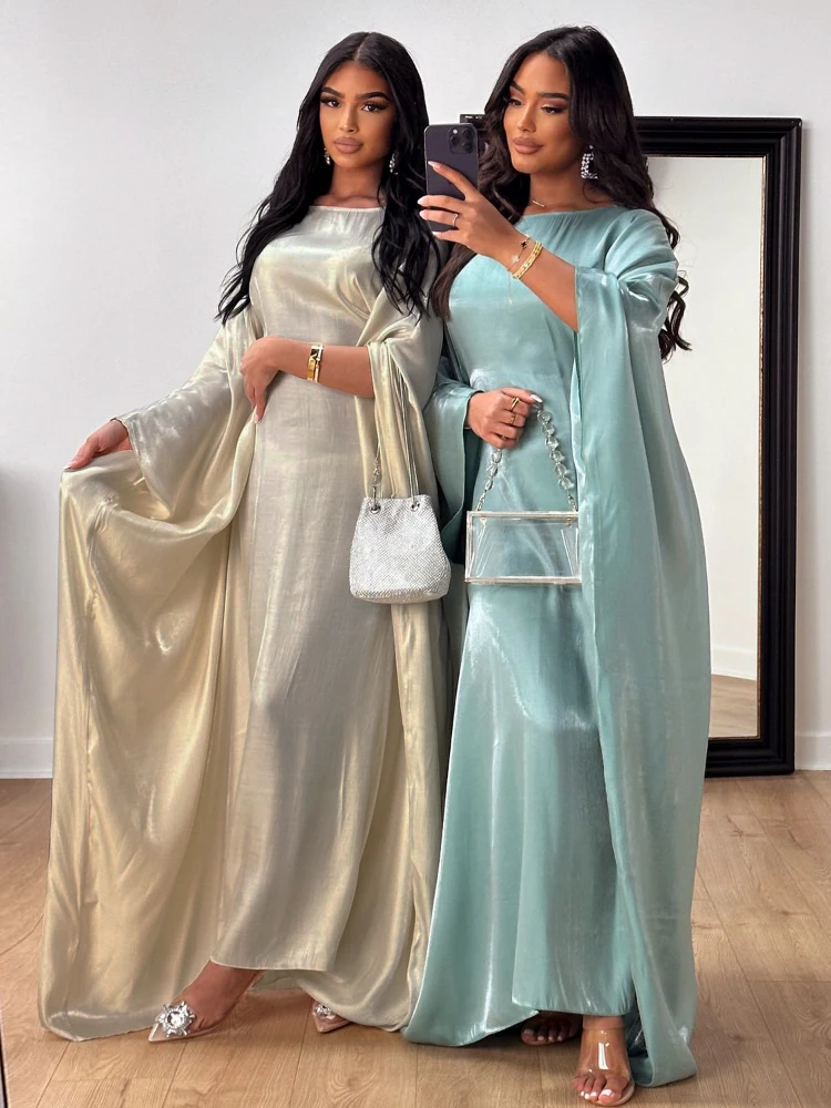 여성용 모로코 파티 원피스, Eid Sliky Abaya Jalabiya Batwing 슬리브, 우아한 맥시 베스티도, 카프탄 아랍어 롱 로브, 카프탄 2024