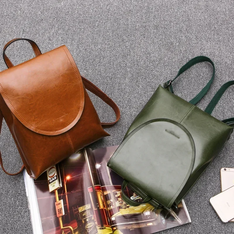 Genuine Leather Women Rucksack Knapsack Shoulder Cross Body Bags Female Fashion Lady Oil Wax Cowhide Daypack Backpack