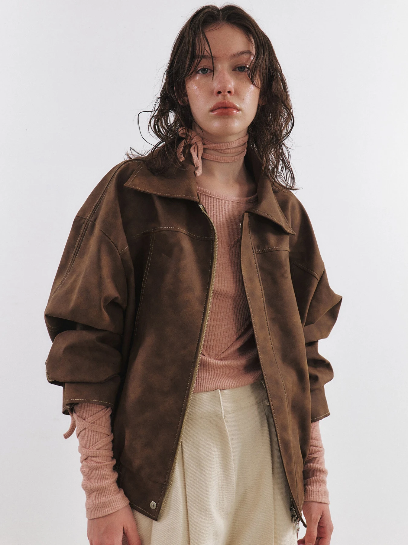 Giacca con zip casual in finta pelle scamosciata da donna autunno nuova autunno 2025