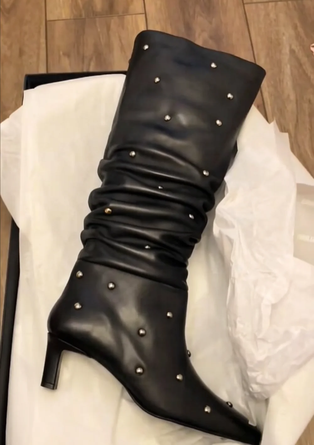Edgy Black Leather Studded Slouch Knee-High Boots Square-Toe Kitten Heel Silver Studs Details Ruched Shaft Cool Fashion Boots
