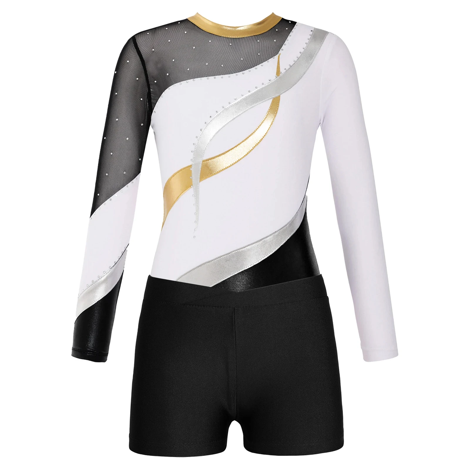 Kids Girls Ballet Gymnastic Leotard Figure Skating Performance Costume Long Sleeve Shiny Rhinestones Bodysuit with Shorts Sets