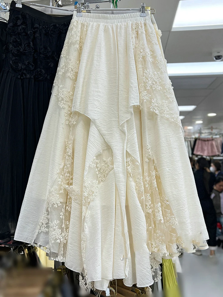 

Solid Color Irregular Lace Embroidery Mesh Skirt Temperament Fashion Elastic Waist Yarn Skirt Long Skirt 2026 Spring Summer New