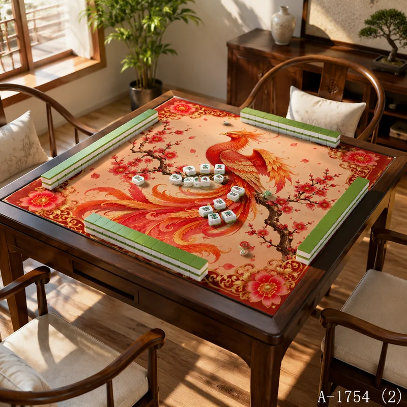 VIKAMA Chinese Phoenix Plum Blossom Mahjong Mat Square Non Slip Silent Oriental Lucky Pattern Game Table Play Mat