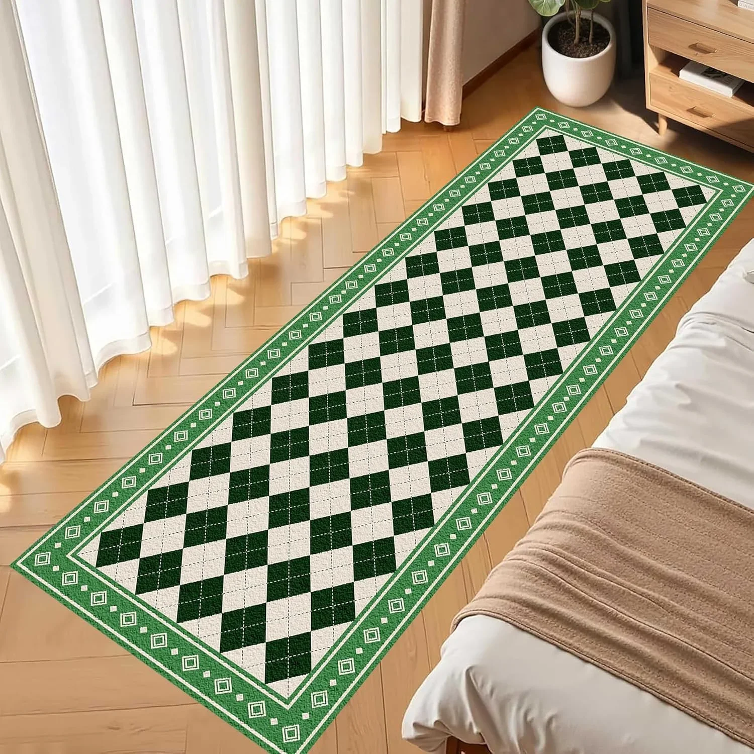 Grün karierter Läuferteppich, klassischer dunkelgrüner geometrischer karierter Vintage-Teppich, weiche, rutschfeste, ästhetische Teppiche für das Wohnzimmer