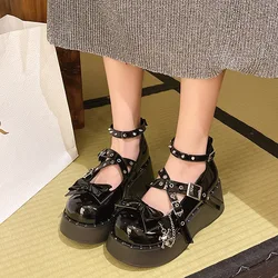 Platform Lolita Shoes Women Patent Leather Mary Janes Woman Metal Decoration Chunky Heels Pumps Uniform Party JK Shoe Wedge Boot