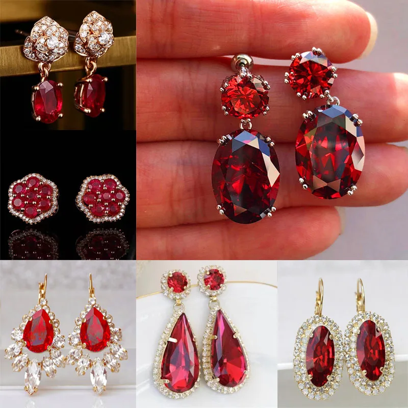 Carat Round Red Garnet Flower Stud Earrings for Women Fashion Engagement Jewelry Birthday Gifts New Water Drop Long Earrings