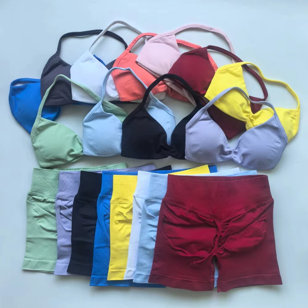 

2PCS Yoga Fitness Suit Women's Seamless Lace-Up Yoga Bra Top High Waist Workout Scratch Shorts Sports Suit Fitness Suit