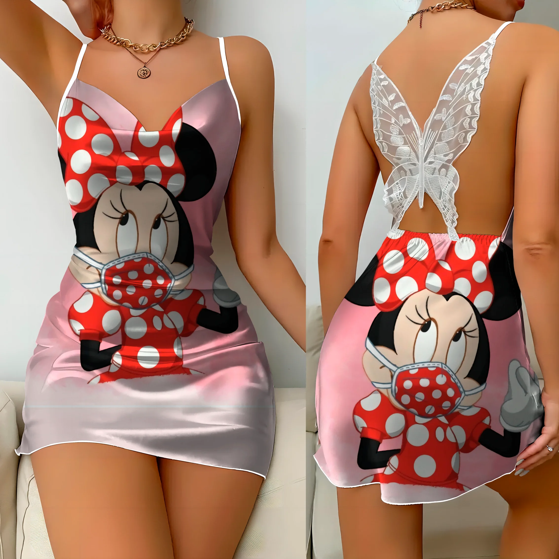 Disney Bow Knot Backless Dress Sexy Dresses Mickey Minnie Mouse Satin Surface Pajama Skirt Womens Fashion Summer 2024 Party Mini