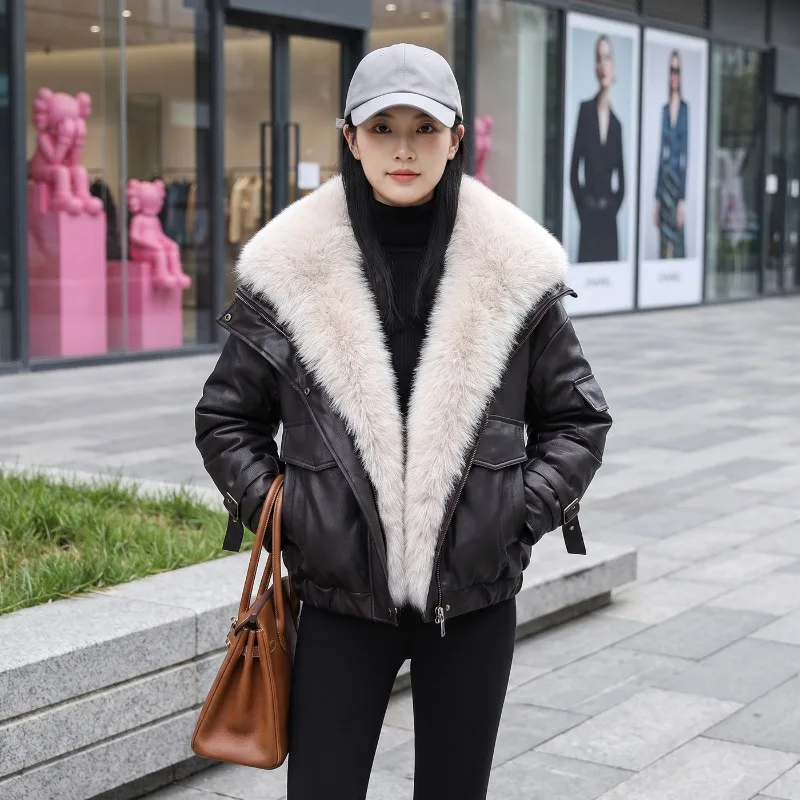 Women's Winter Thick PU Leather Puffer Jacket Faux Fur Collar Moto Biker Coat Zip Up Windproof Warm Casual Fashion New Outerwear