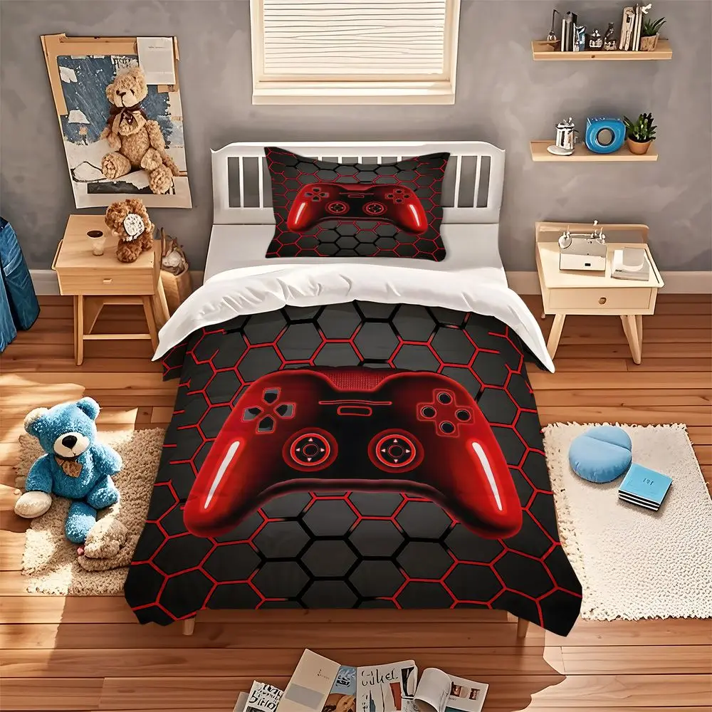 Controller Duvet Cover Set Red Neon Hexagon Digital Print Bedding Set Soft Microfiber Bed Clothes For Gamer Bedroom