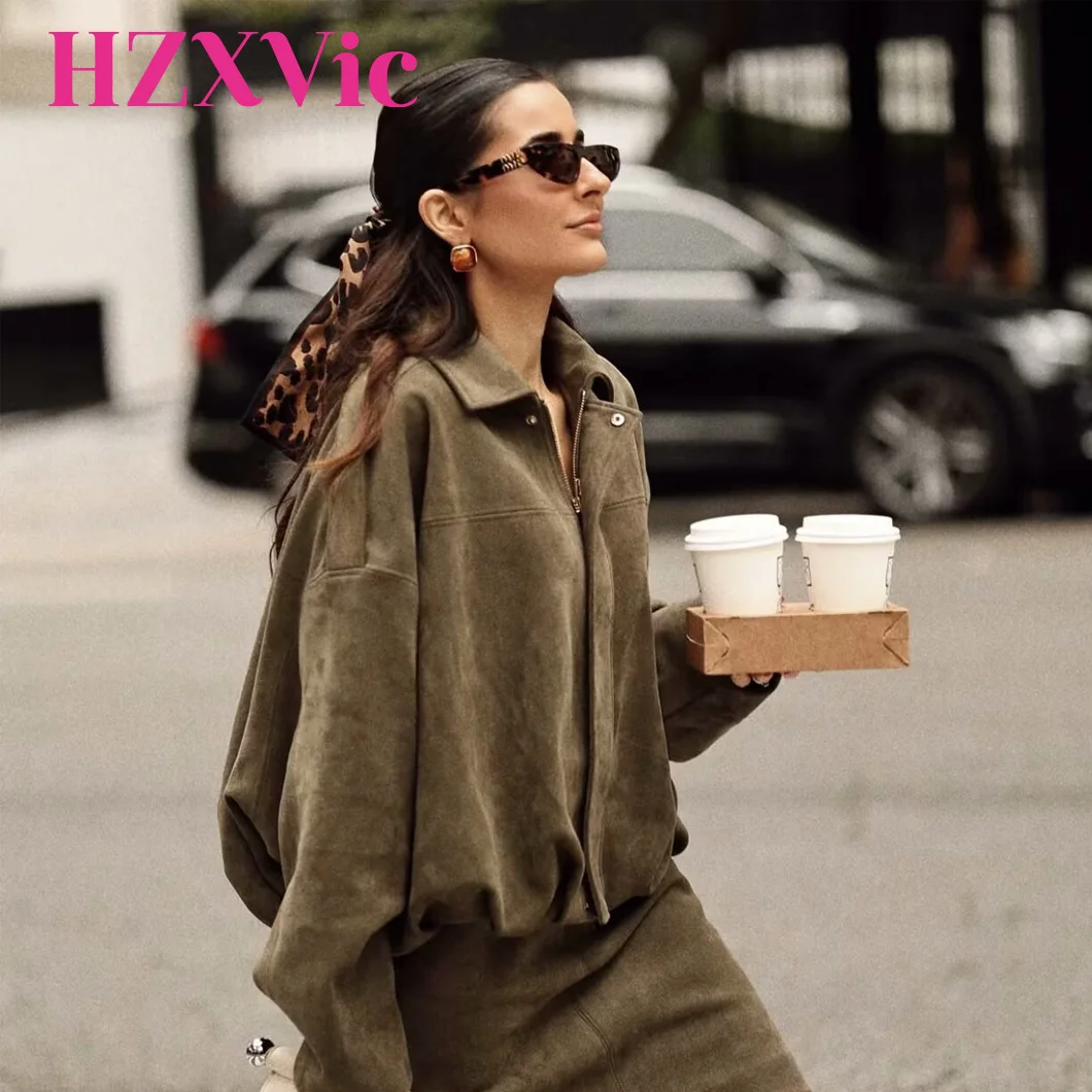 

HZXVic замшевая текстура, винтажная шикарная одежда, повседневные куртки-бомберы для девочек, женская свободная мягкая куртка для женщин, праздничная милая одежда