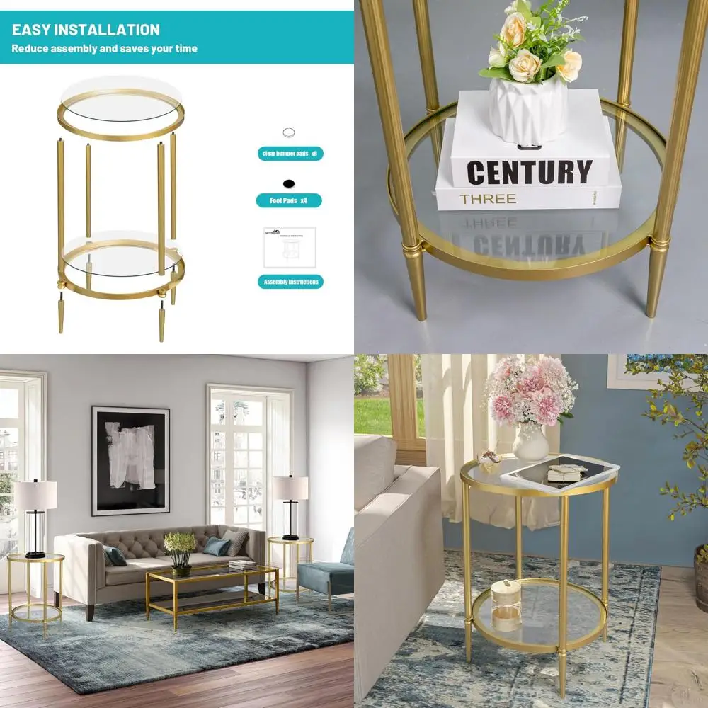 

Gold Accent Side Table with Glass Top, Modern Metal Coffee Table for Living & Bedroom, 18x18