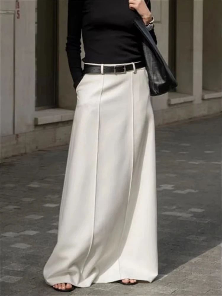 White High Waist Patchwork Long Skirt For Women Loose Casual Pocket Elegant Solid Fashion Summer 2023 Female Maxi Skirt