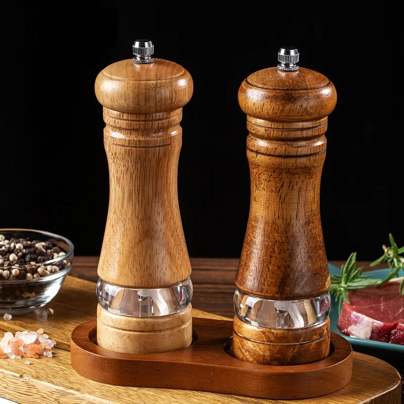 Manual Pepper Grinder Rubber Wood Clear Window 6/8 inch Salt Pepper Mill Kitchen Tools