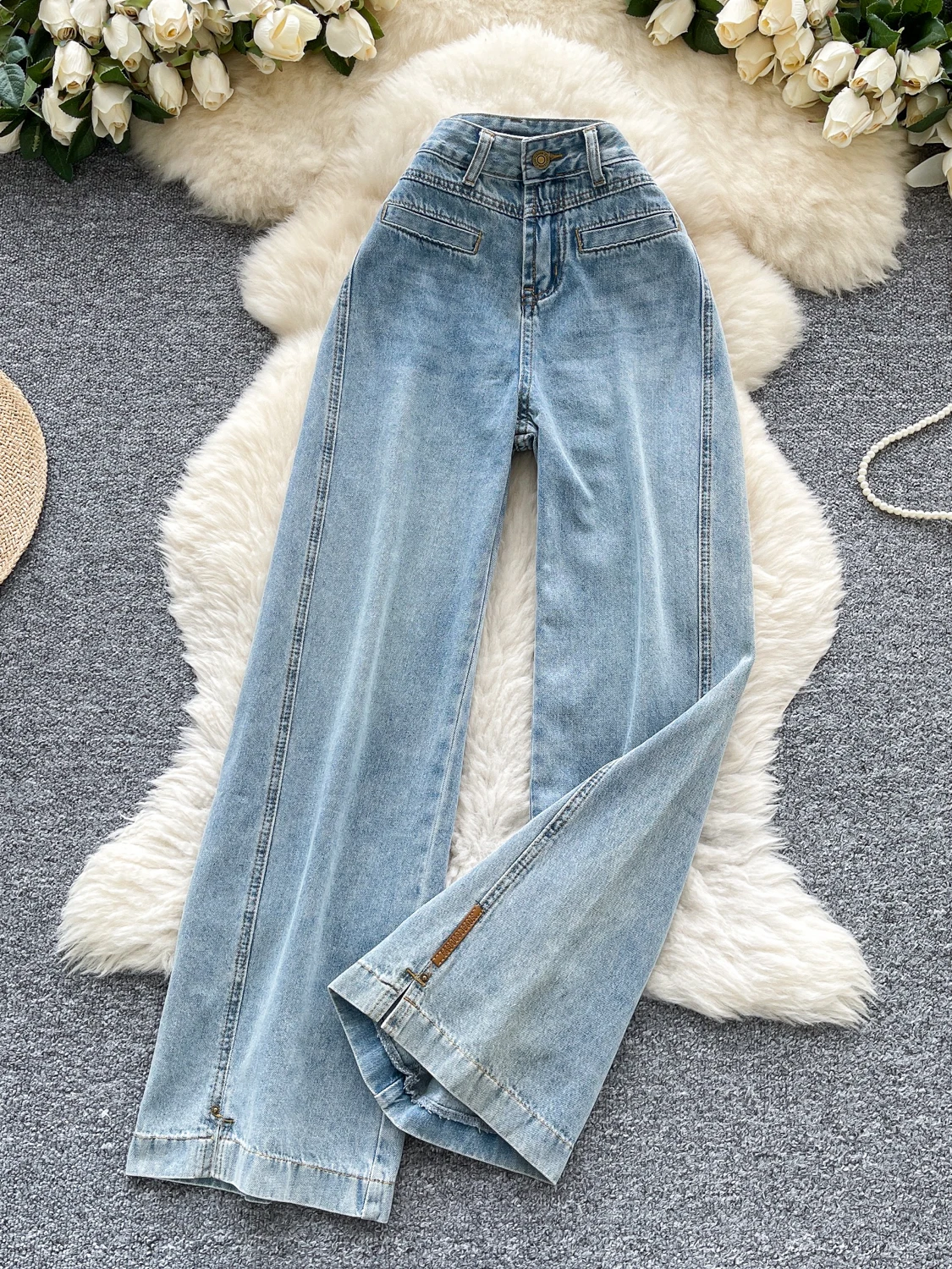 Simple High Waist Wide Leg Light Blue Denim Jeans Women's Summer Vintage Faded Long Straight Floor-Length Pants