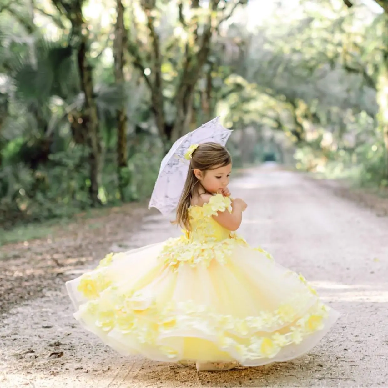 Abiti da ragazza di fiore gonfi gialli per matrimoni Applicazioni floreali con volant Abito da ballo per bambina per abiti da prima comunione per servizio fotografico