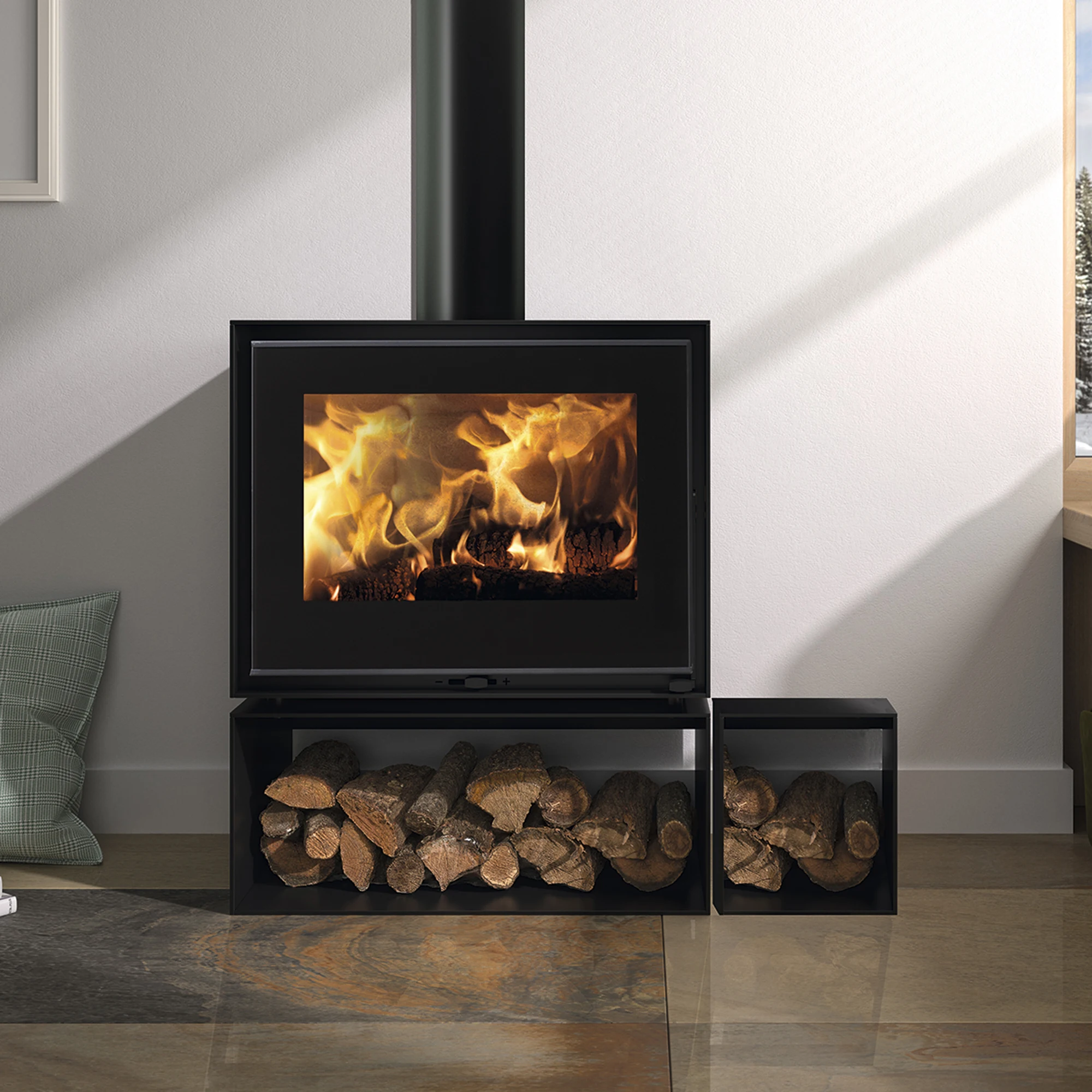 Estufa de leña con calefacción interior sin humo de 12KW, estufa de leña de acero, calentador de sala de estar para Villa residencial, chimenea que quema de leña