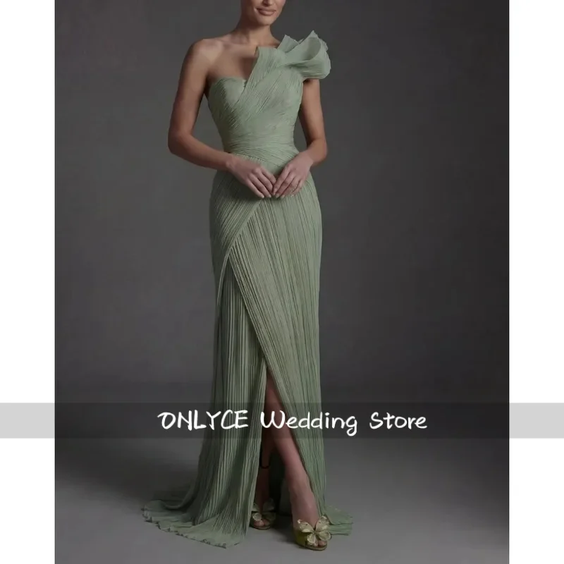 2026 Sage Green One Shoulder Pleated Mermaid Evening Gown Formal Dress with Bow Detail for Wedding Guest, Gala & Prom Events