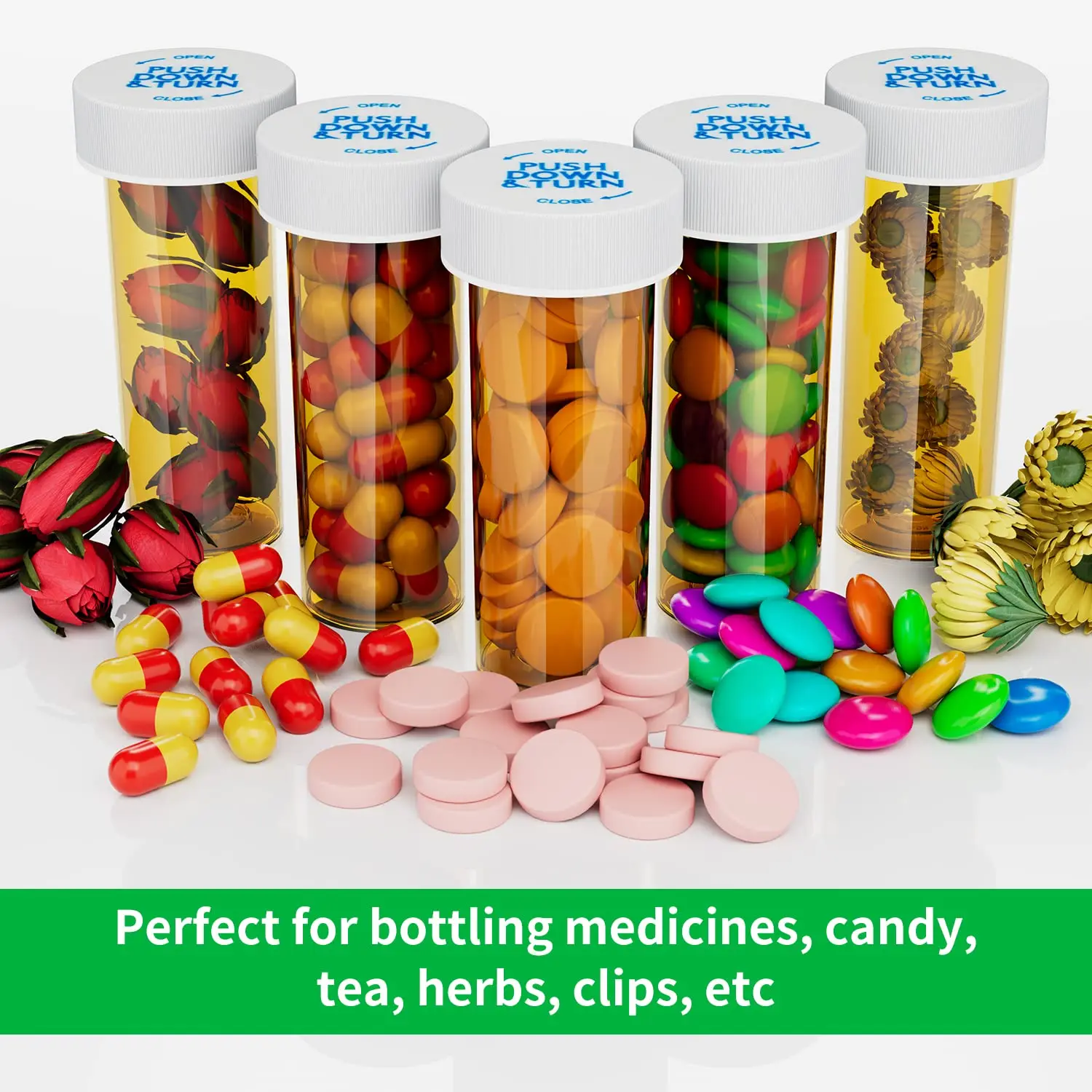 Botellas de pastillas de 20 piezas con tapa resistente a niños, 8 viales recetados de Dram, contenedores de plástico vacíos para medicina, cubierta de seguridad para viajes